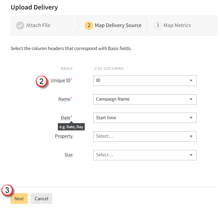 Map Delivery Source tab of the Upload Delivery modal showing the Date field tool tip suggesting Date and Day columns.